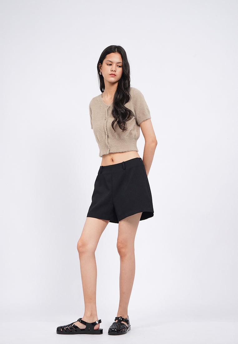 V-Neck Short Sleeve Fur Crop Top