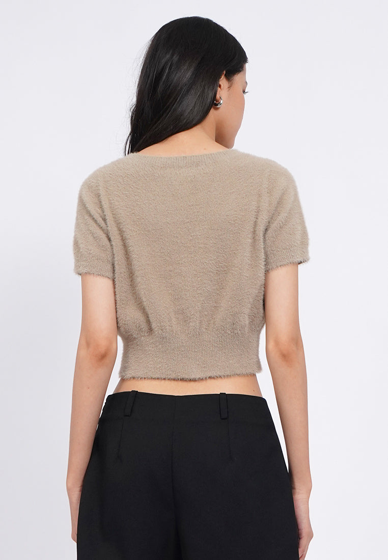 V-Neck Short Sleeve Fur Crop Top
