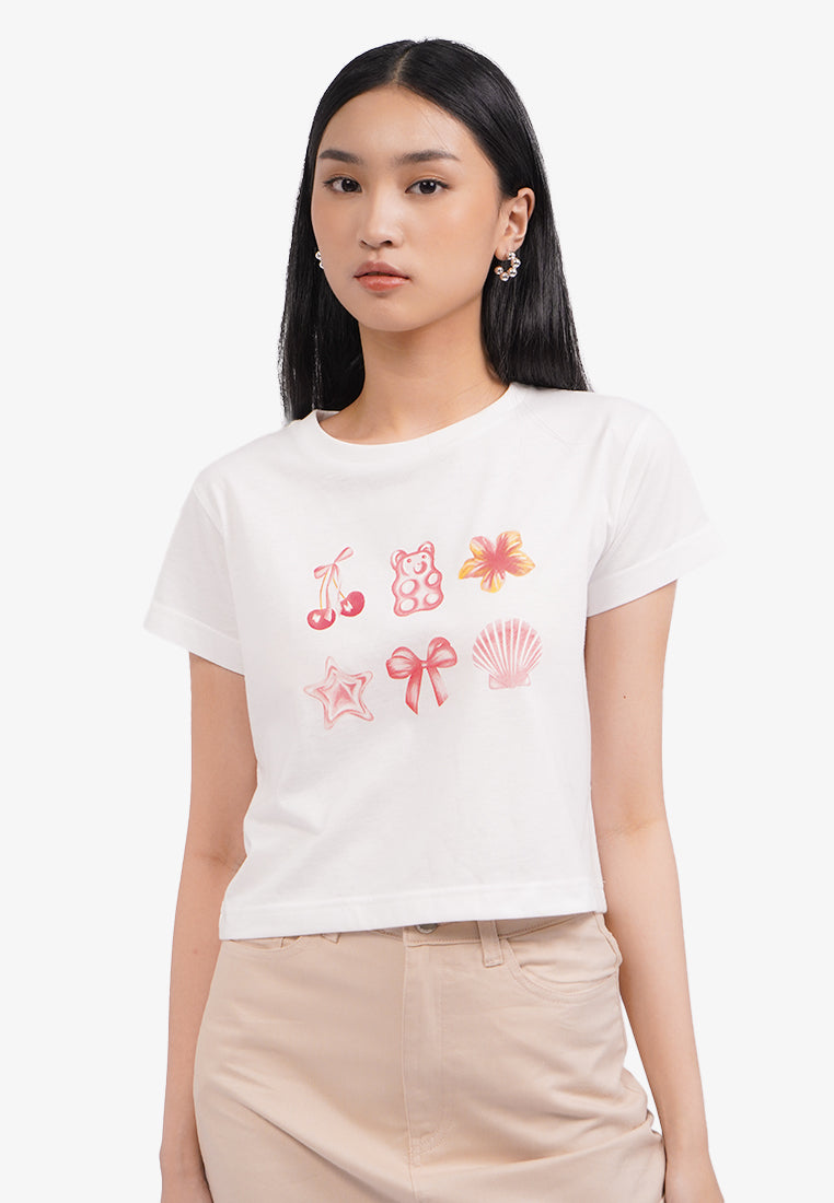 Short Sleeve Graphic Crop T-Shirt Off White