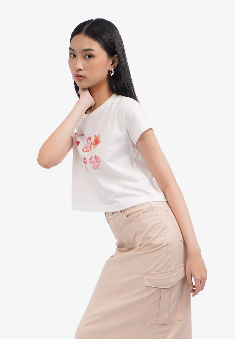 Short Sleeve Graphic Crop T-Shirt Off White