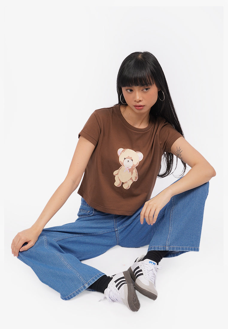 Short Sleeve Graphic Crop T-Shirt Brown