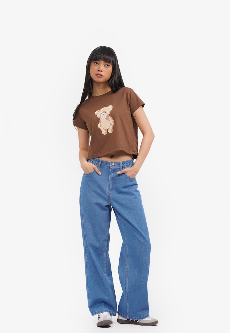 Short Sleeve Graphic Crop T-Shirt Brown