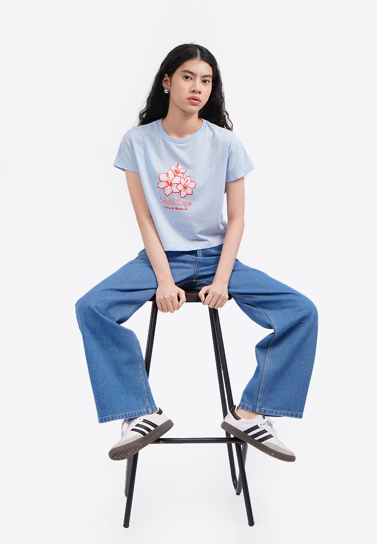 Short Sleeve Graphic Crop T-Shirt L.Blue