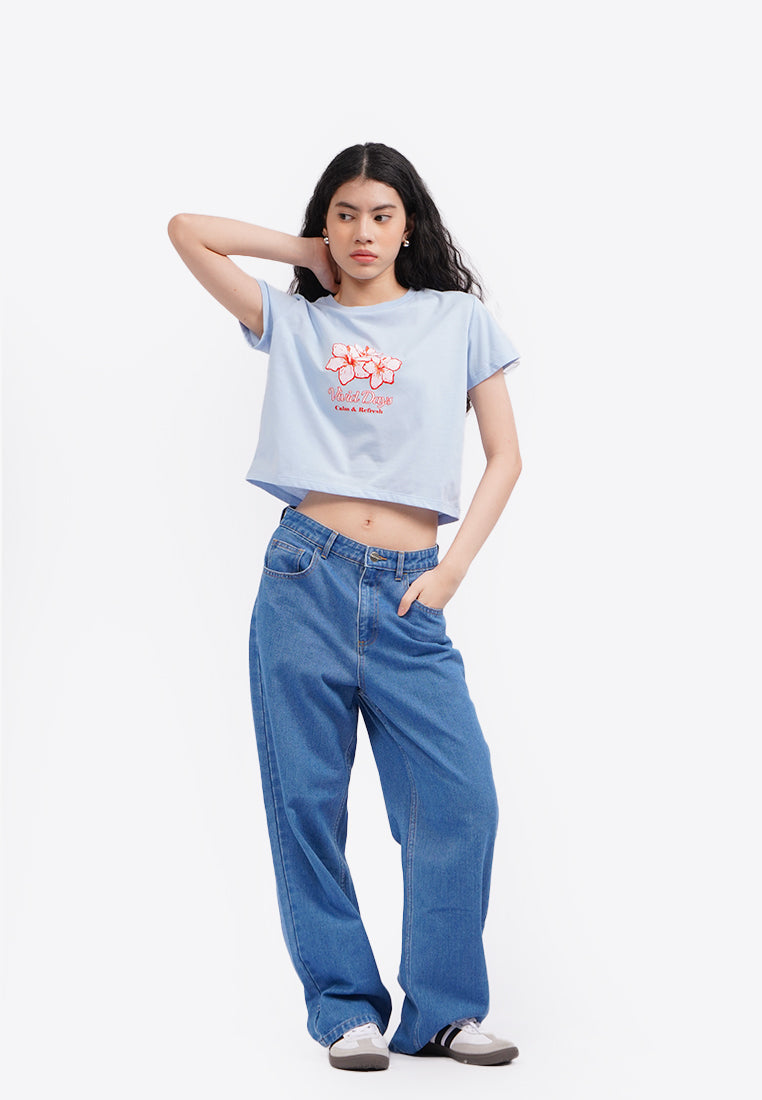 Short Sleeve Graphic Crop T-Shirt L.Blue
