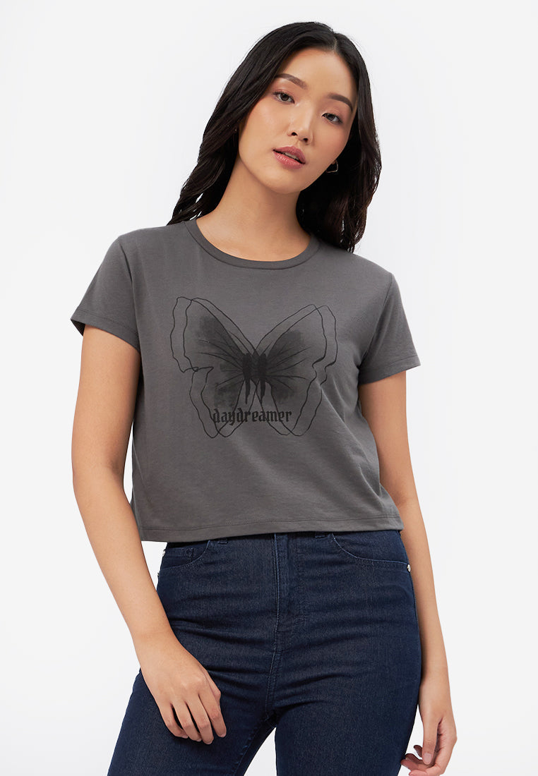 Short Sleeve Graphic Crop T-Shirt Dark Grey