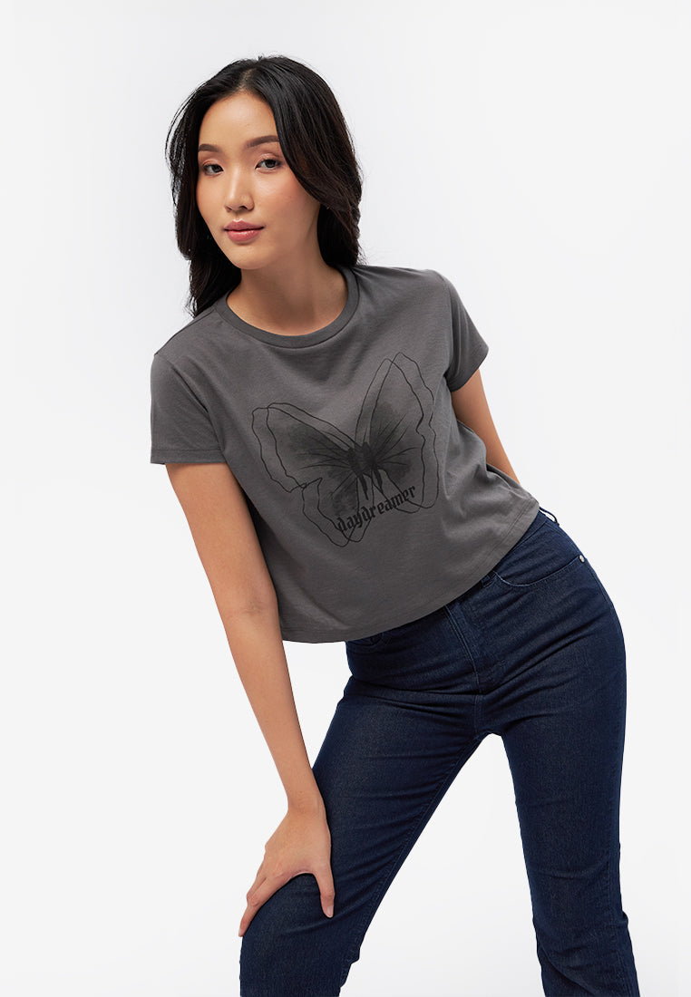 Short Sleeve Graphic Crop T-Shirt Dark Grey