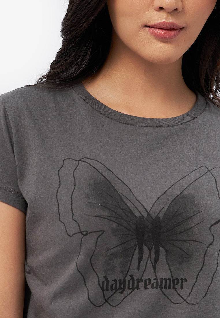 Short Sleeve Graphic Crop T-Shirt Dark Grey