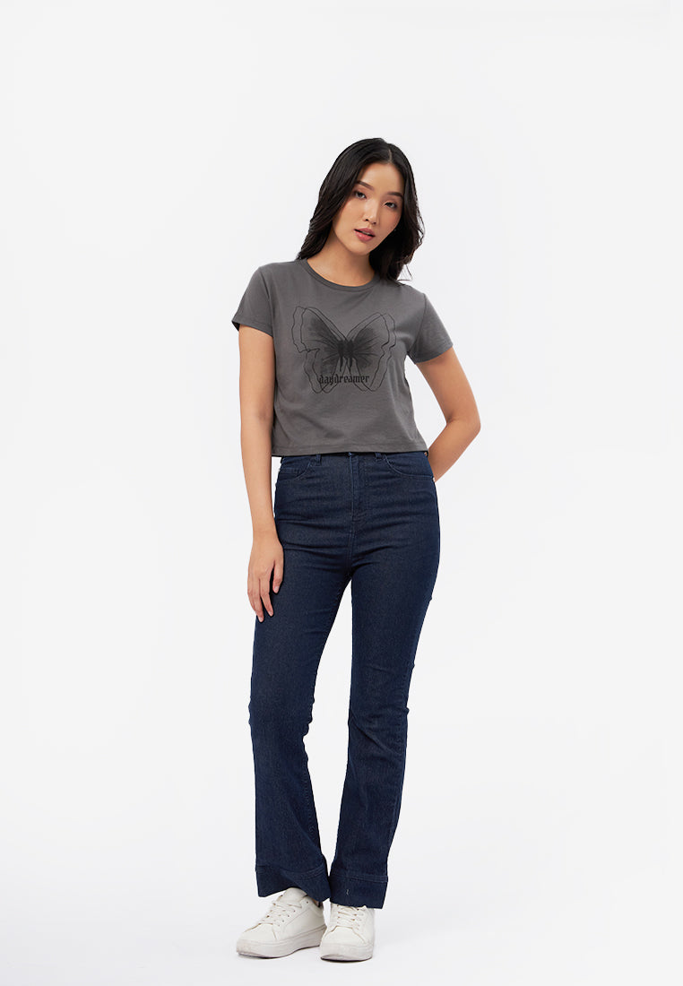 Short Sleeve Graphic Crop T-Shirt Dark Grey
