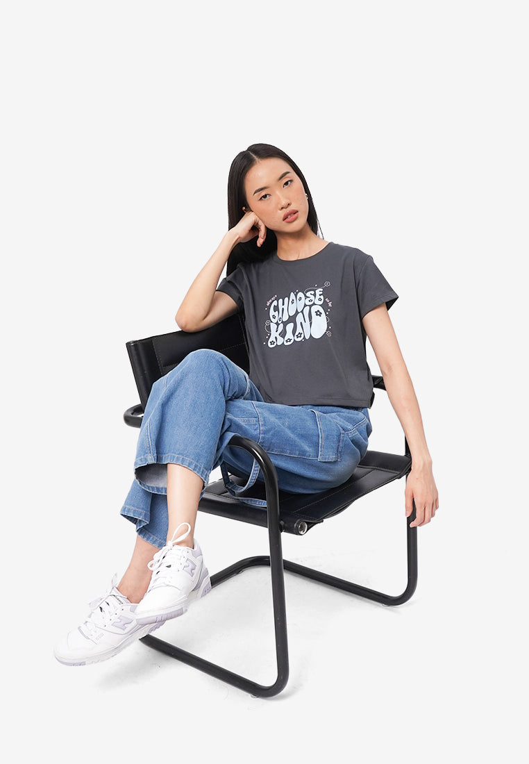 Short Sleeve Graphic Crop T-Shirt Dark Grey