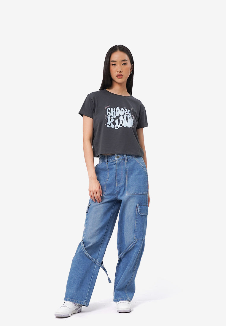Short Sleeve Graphic Crop T-Shirt Dark Grey