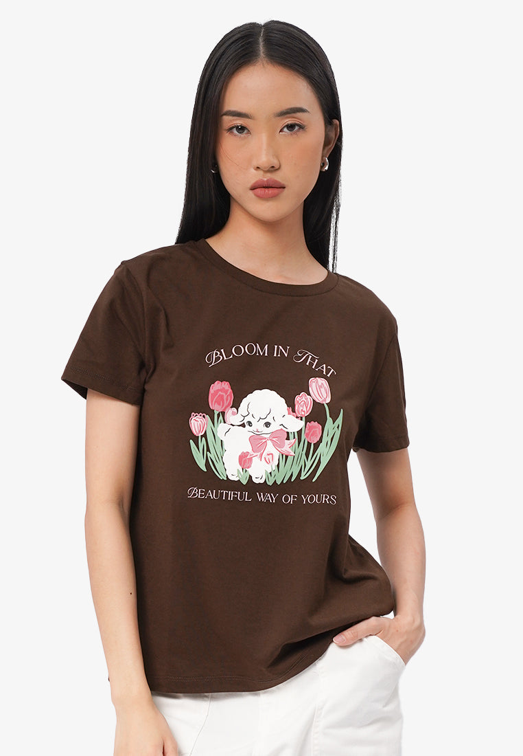 Round Neck Graphic T-Shirt Brown