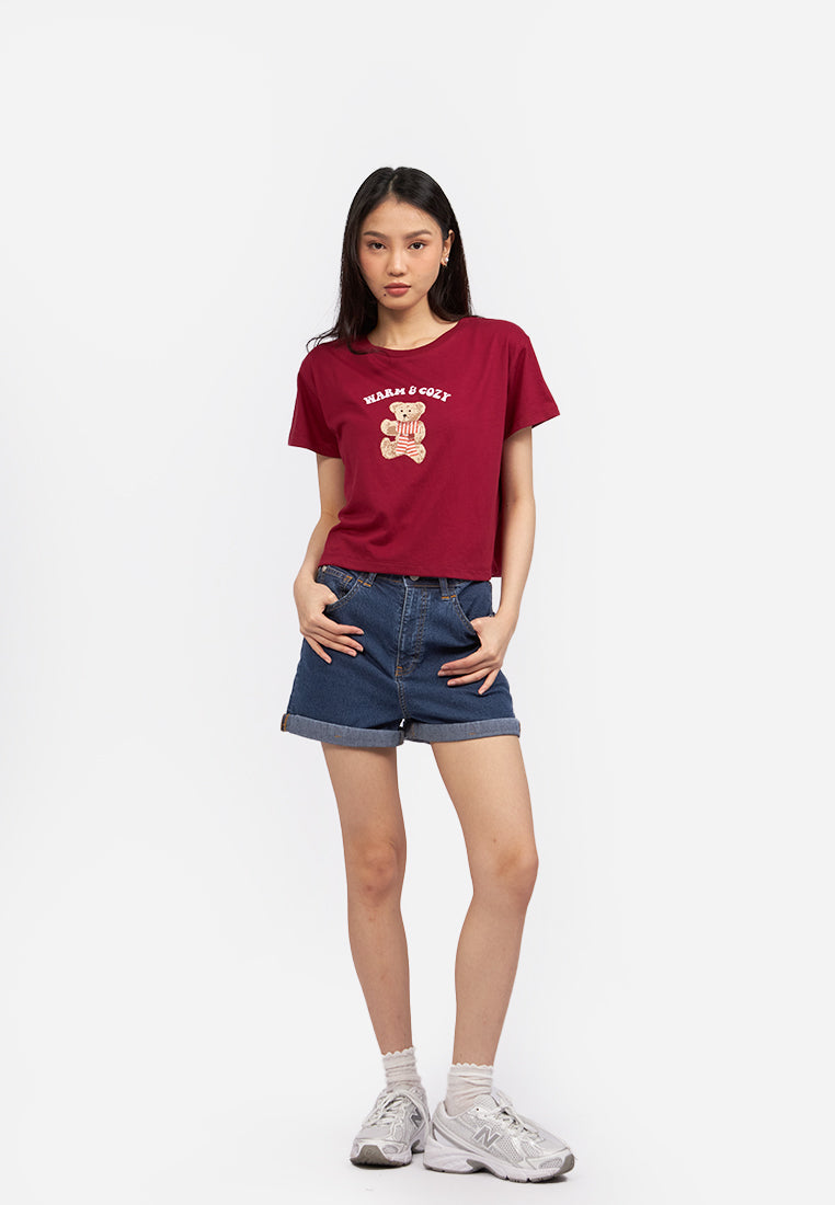 Short Sleeve Graphic Crop T-Shirt Maroon