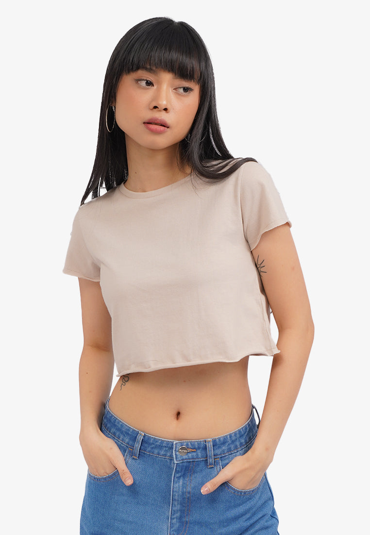 Short Sleeve Basic Crop T-Shirt Beige