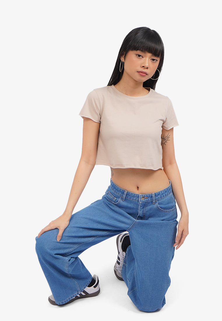 Short Sleeve Basic Crop T-Shirt Beige