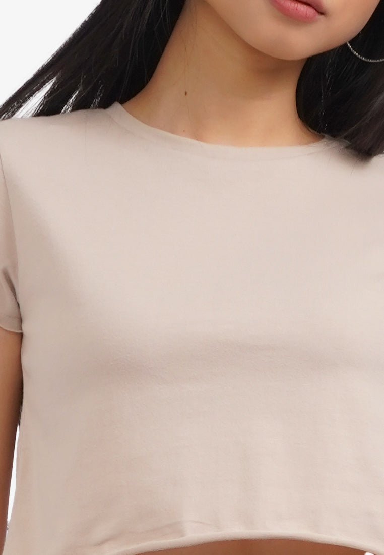 Short Sleeve Basic Crop T-Shirt Beige