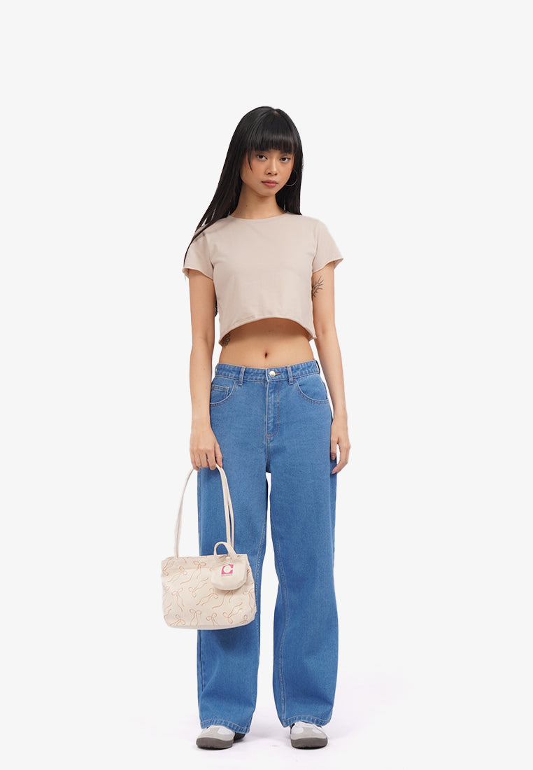 Short Sleeve Basic Crop T-Shirt Beige