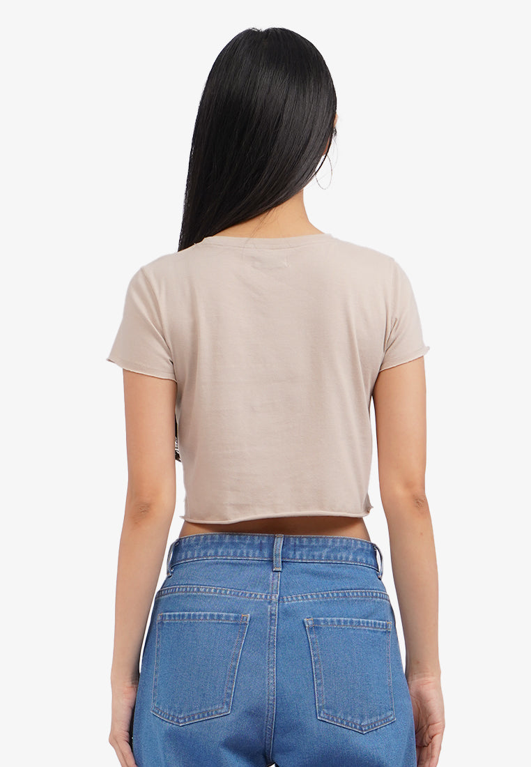 Short Sleeve Basic Crop T-Shirt Beige