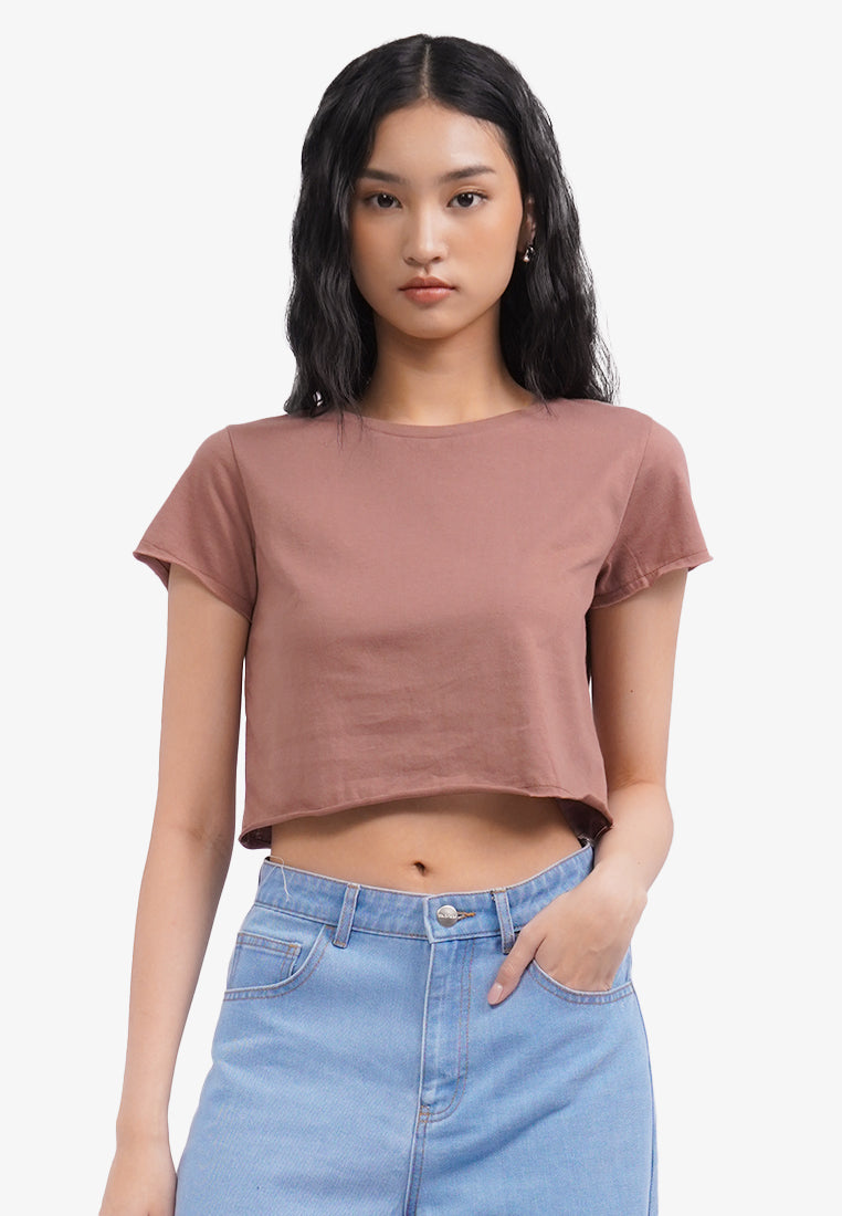 Short Sleeve Basic Crop T-Shirt Brown