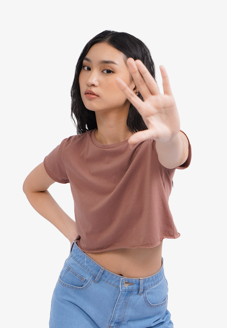 Short Sleeve Basic Crop T-Shirt Brown
