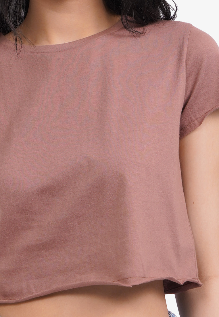 Short Sleeve Basic Crop T-Shirt Brown