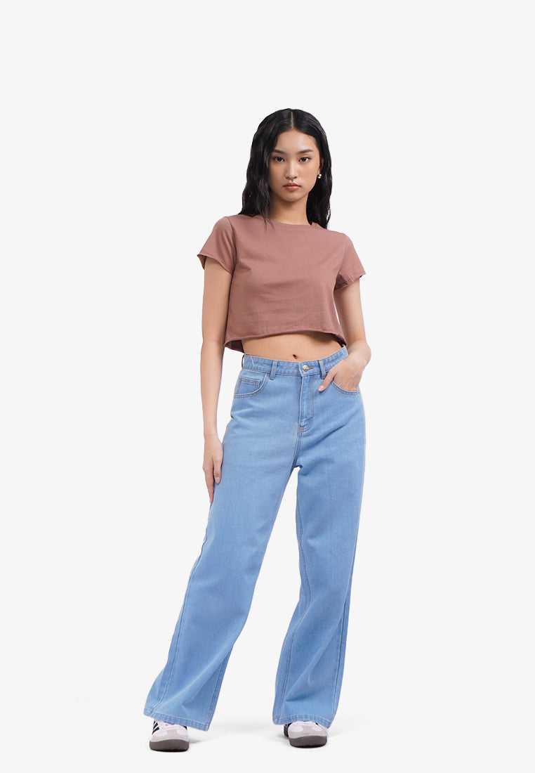 Short Sleeve Basic Crop T-Shirt Brown