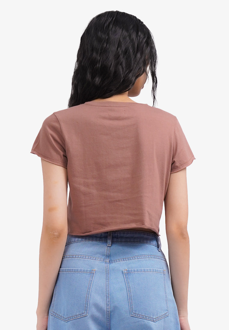 Short Sleeve Basic Crop T-Shirt Brown