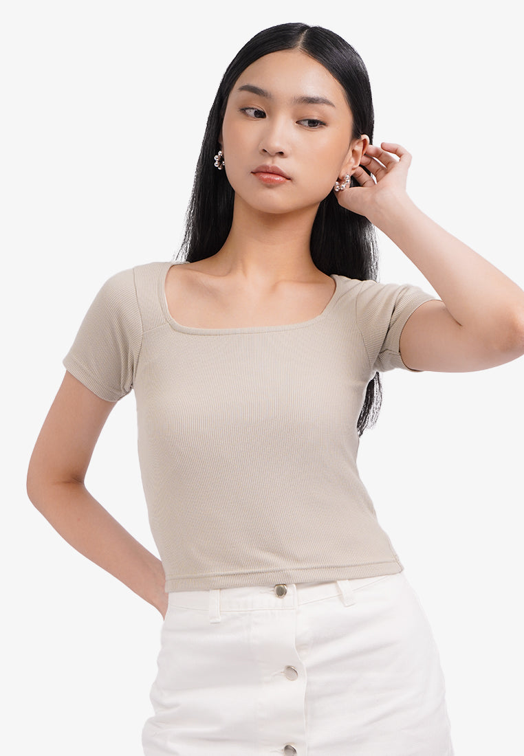 Basic Square Neck Crop T-Shirt Oatmeal