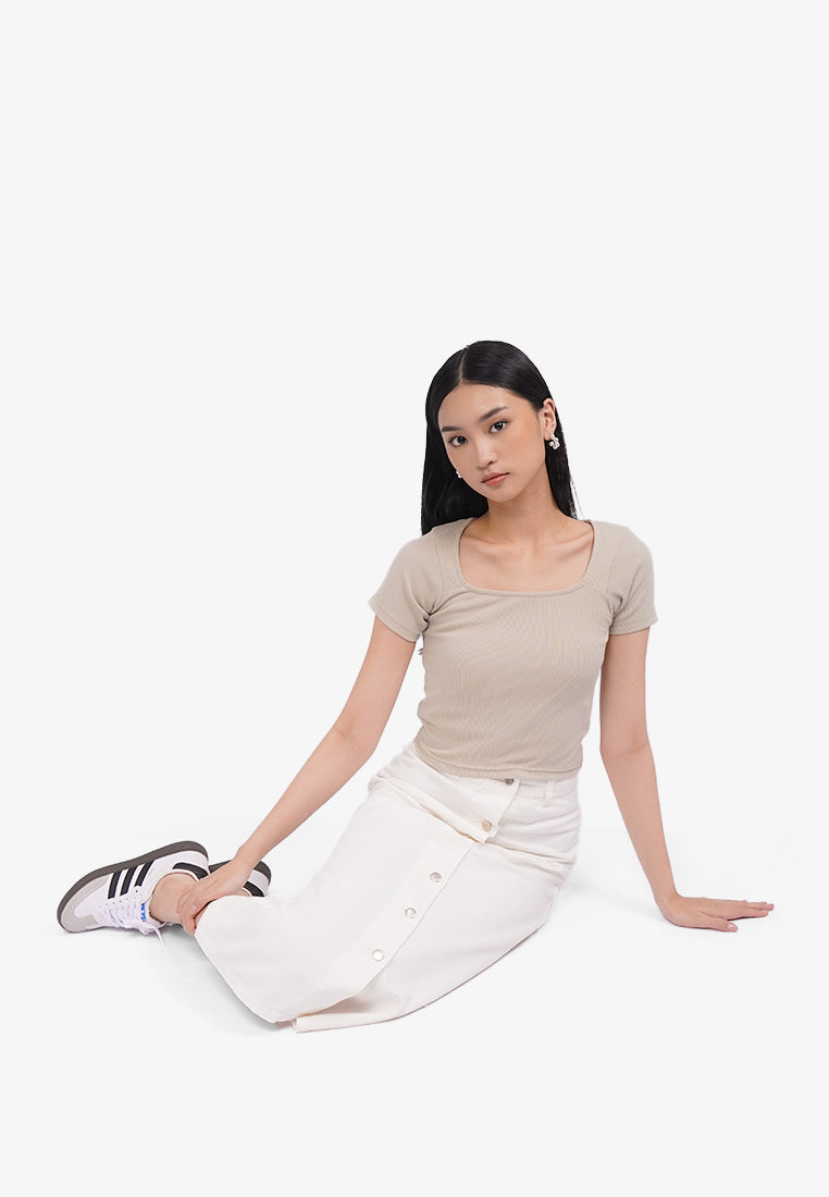 Basic Square Neck Crop T-Shirt Oatmeal