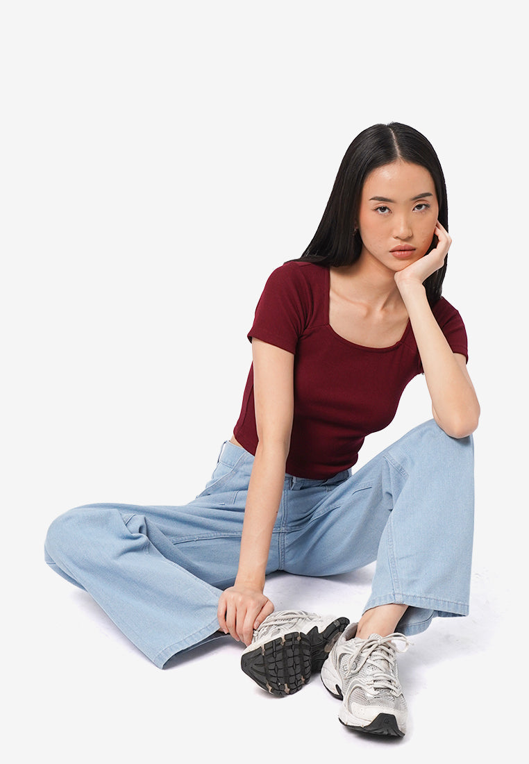 Basic Square Neck T-Shirt Wine