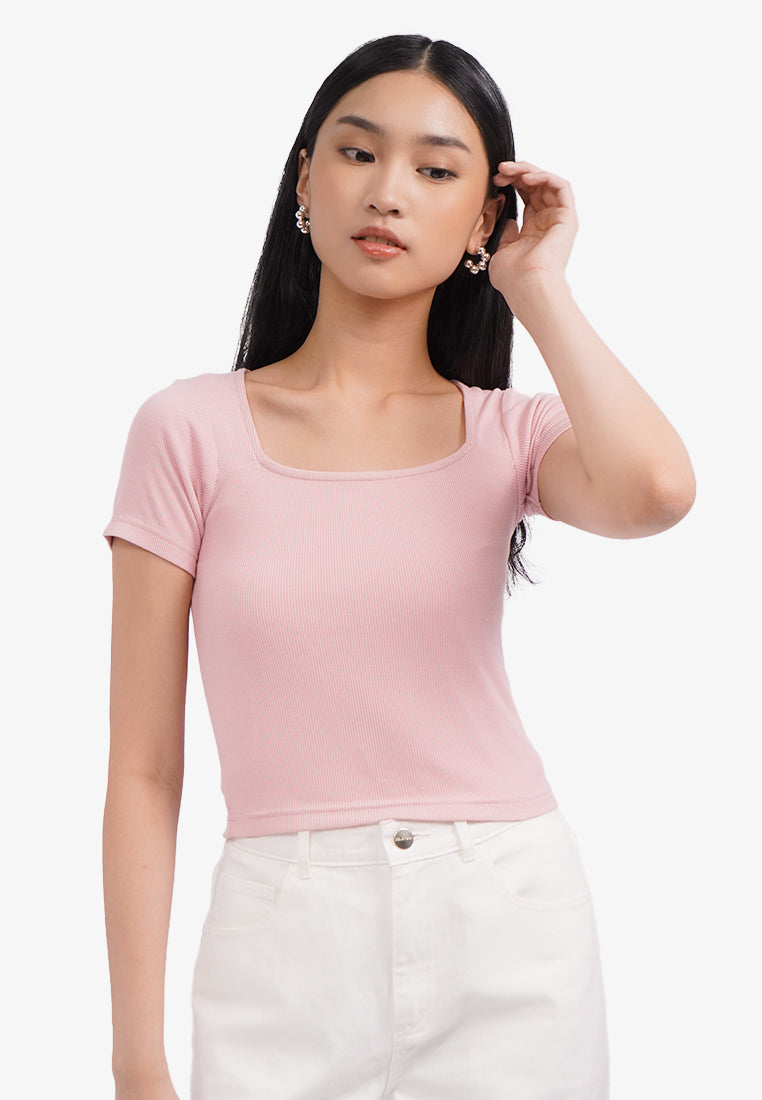 Basic Square Neck Crop T-Shirt Pink