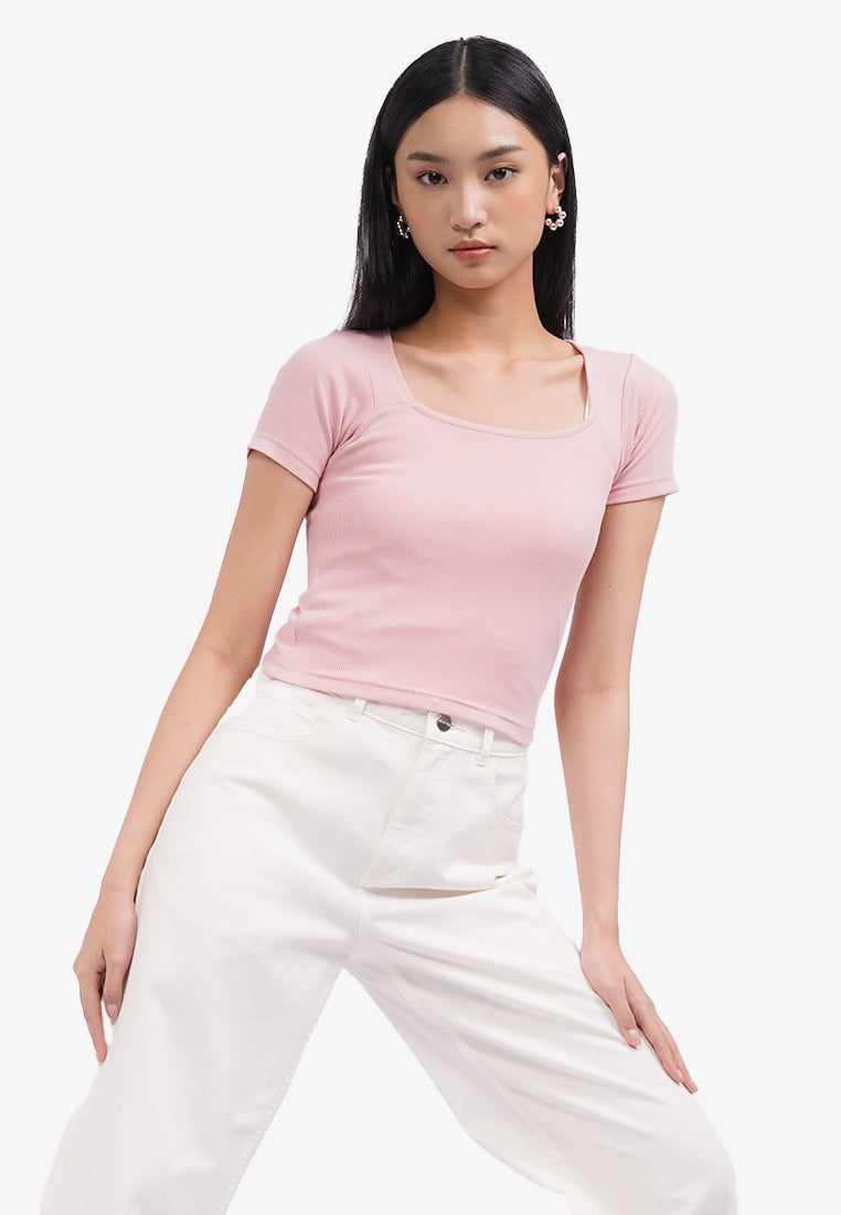 Basic Square Neck Crop T-Shirt Pink