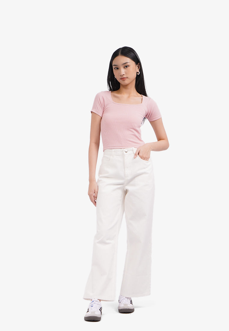 Basic Square Neck Crop T-Shirt Pink