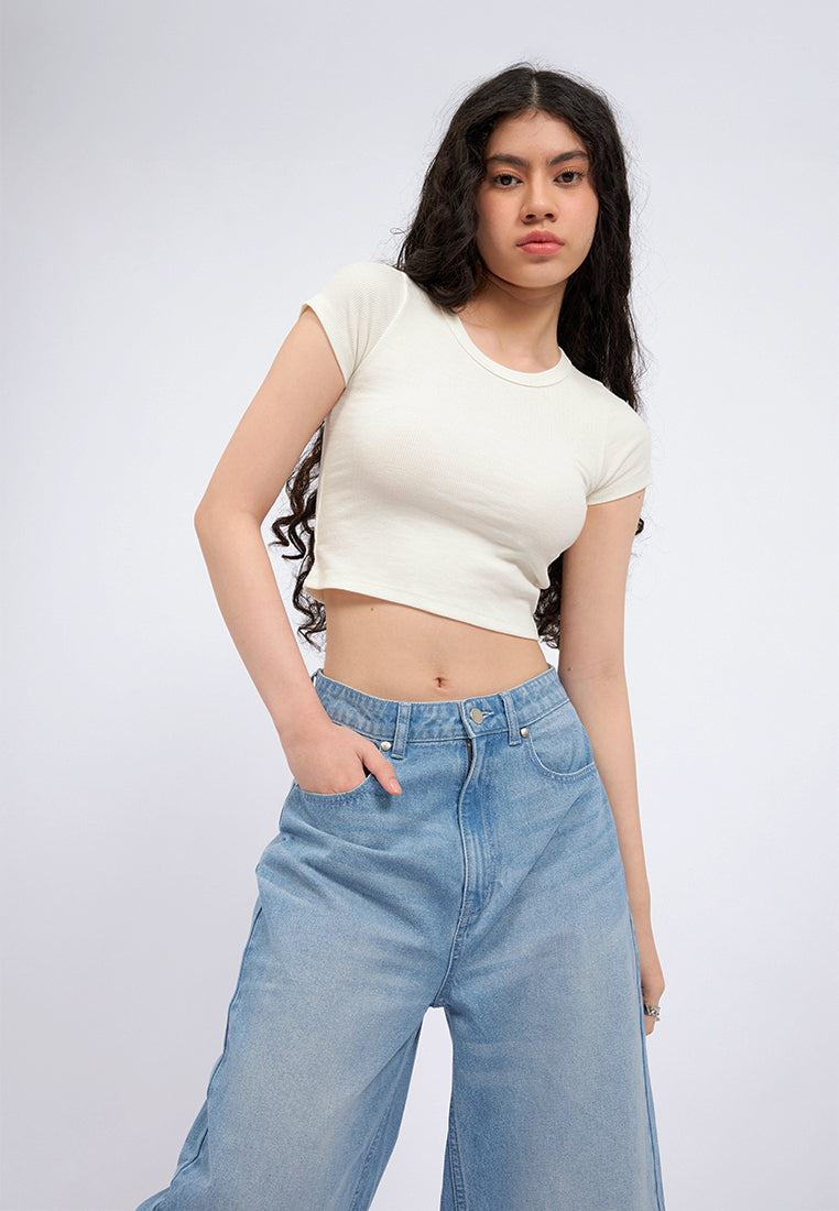 Round Neck Crop Rib T-Shirt Off White