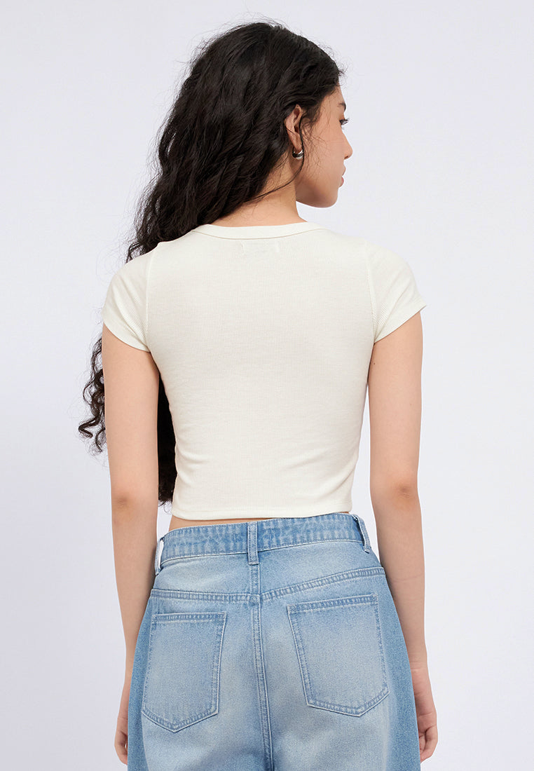 Round Neck Crop Rib T-Shirt Off White