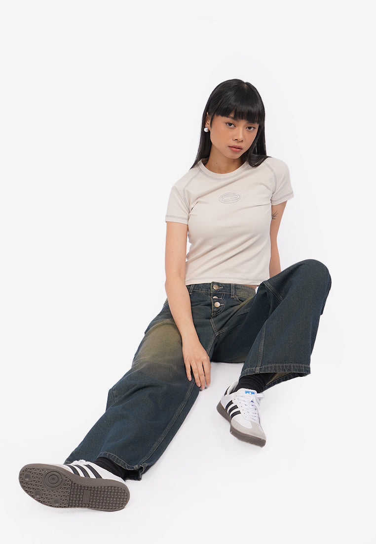 Short Sleeve Cut Out Crop T-Shirt L.Grey