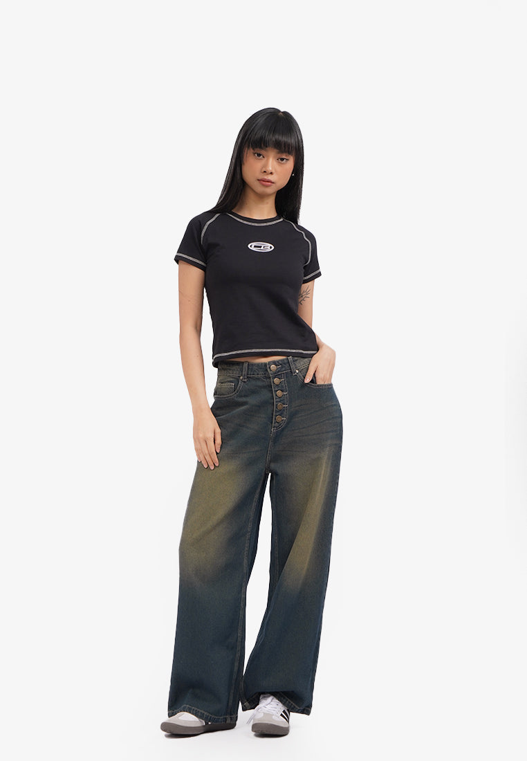 Short Sleeve Cut Out Crop T-Shirt Black