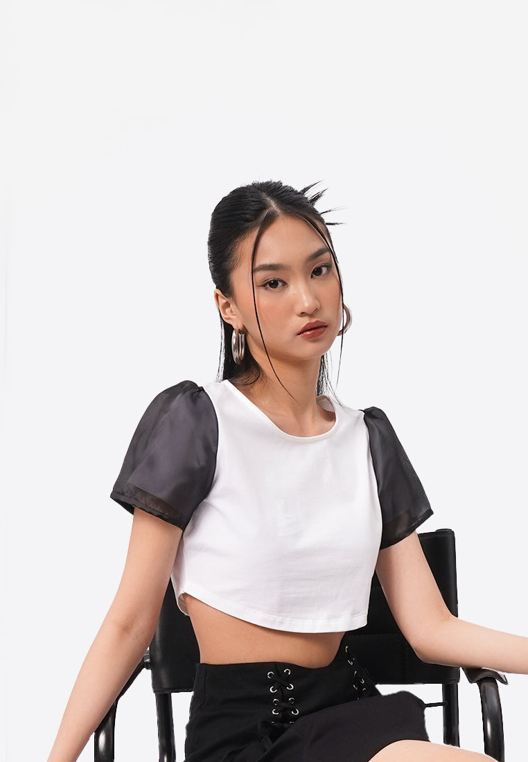 Sheer Puff Sleeves Crop Top