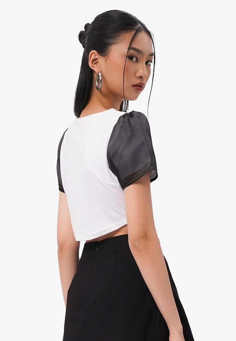Sheer Puff Sleeves Crop Top