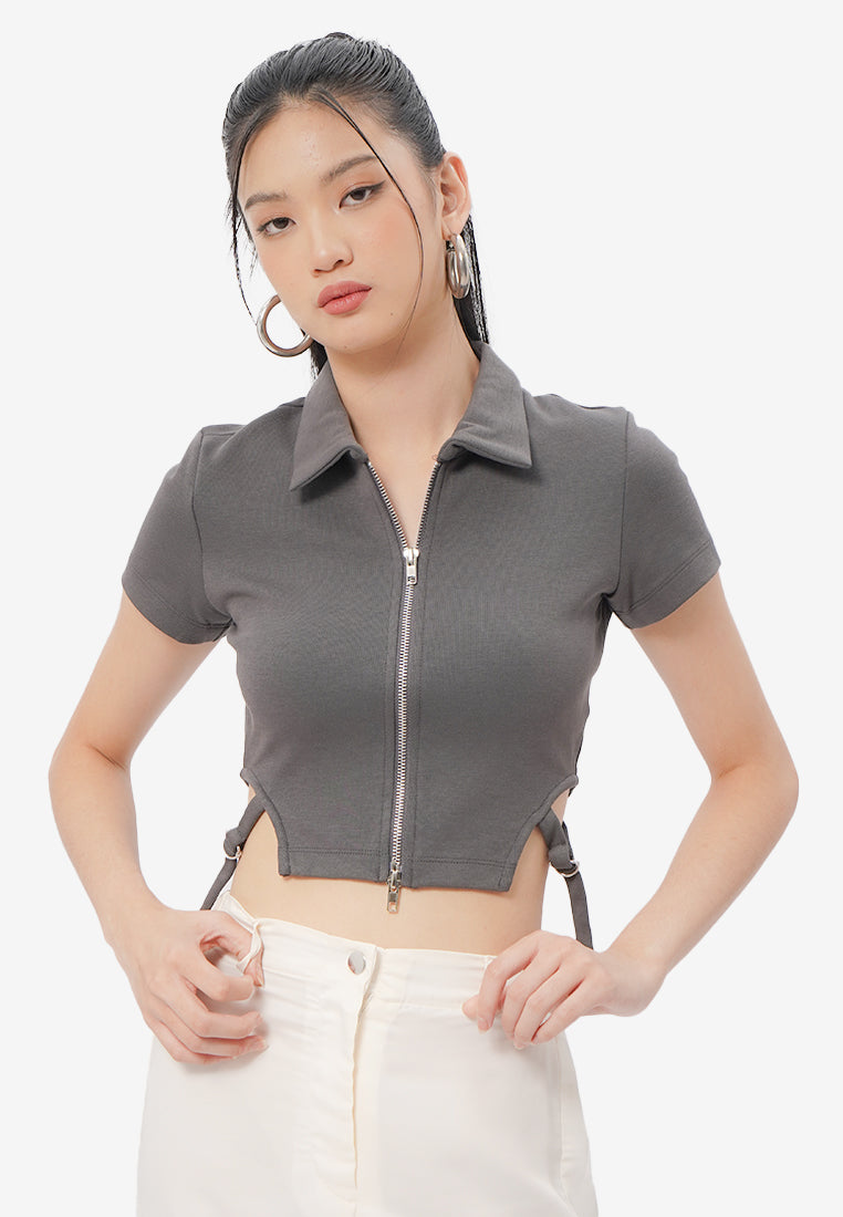 2-Way Zipper Short Sleeve Top Grey