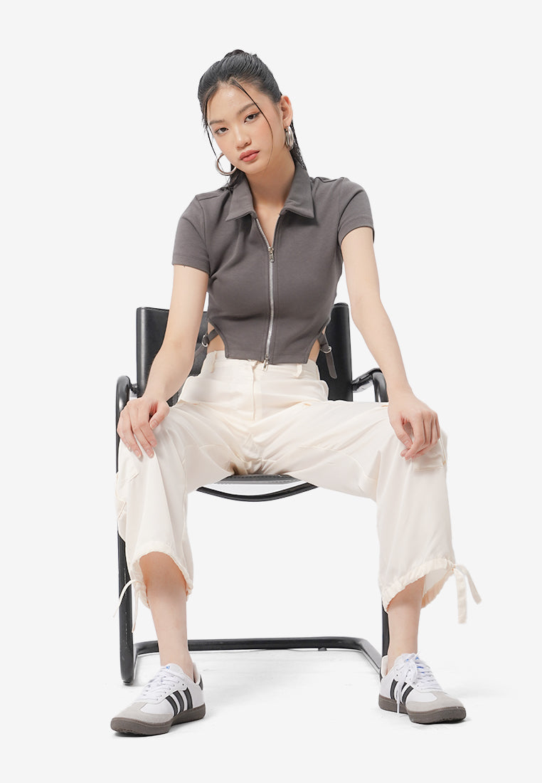 2-Way Zipper Short Sleeve Top Grey