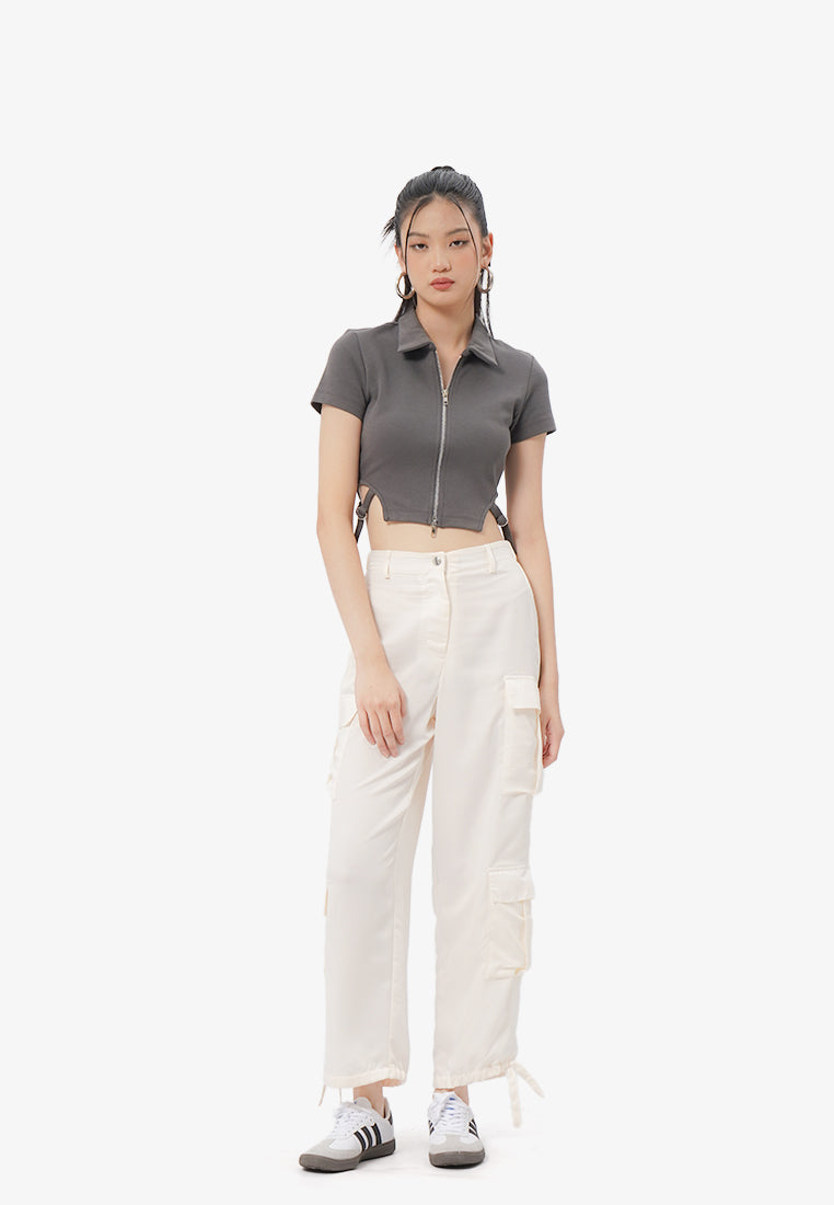 2-Way Zipper Short Sleeve Top Grey
