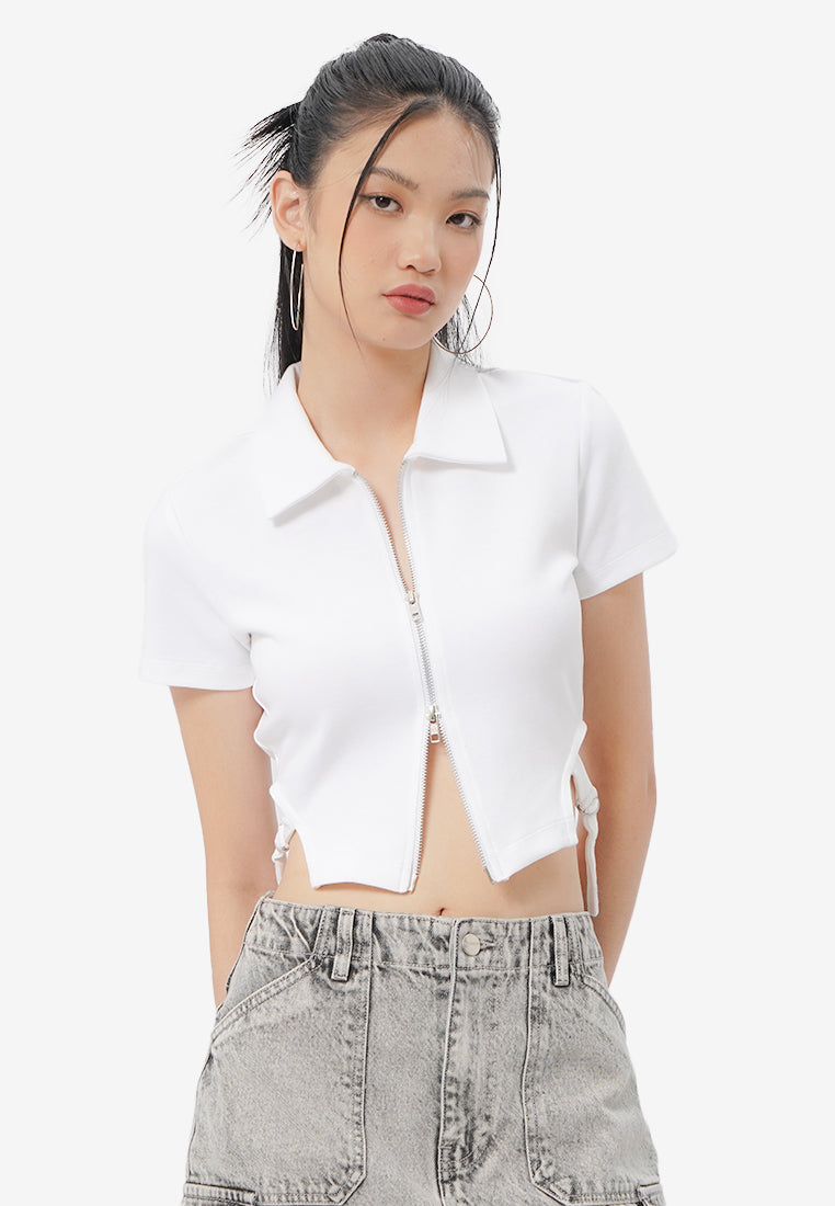 2-Way Zipper Short Sleeve Top Off White