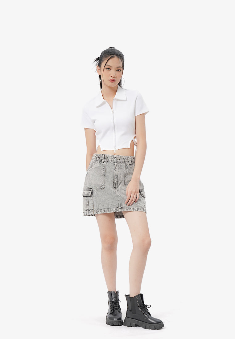 2-Way Zipper Short Sleeve Top Off White