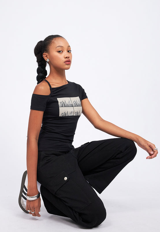 Short Sleeve Cut Out Graphic Top