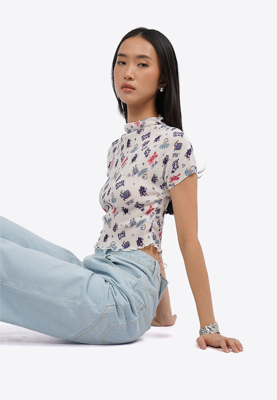 Printed Short Sleeve Pleat Top