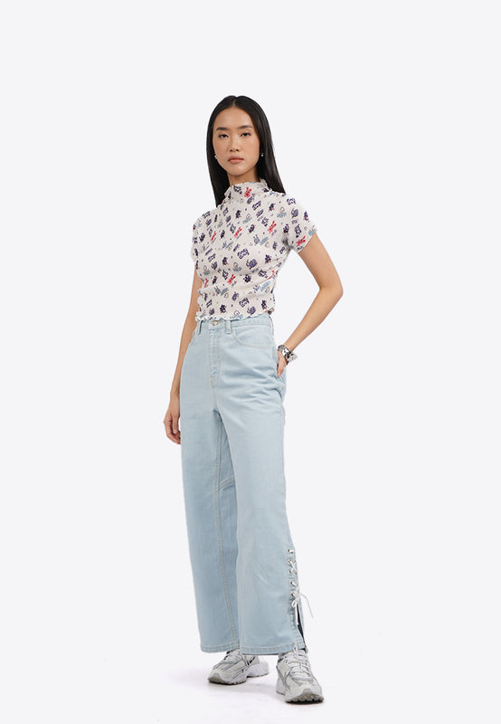 Printed Short Sleeve Pleat Top