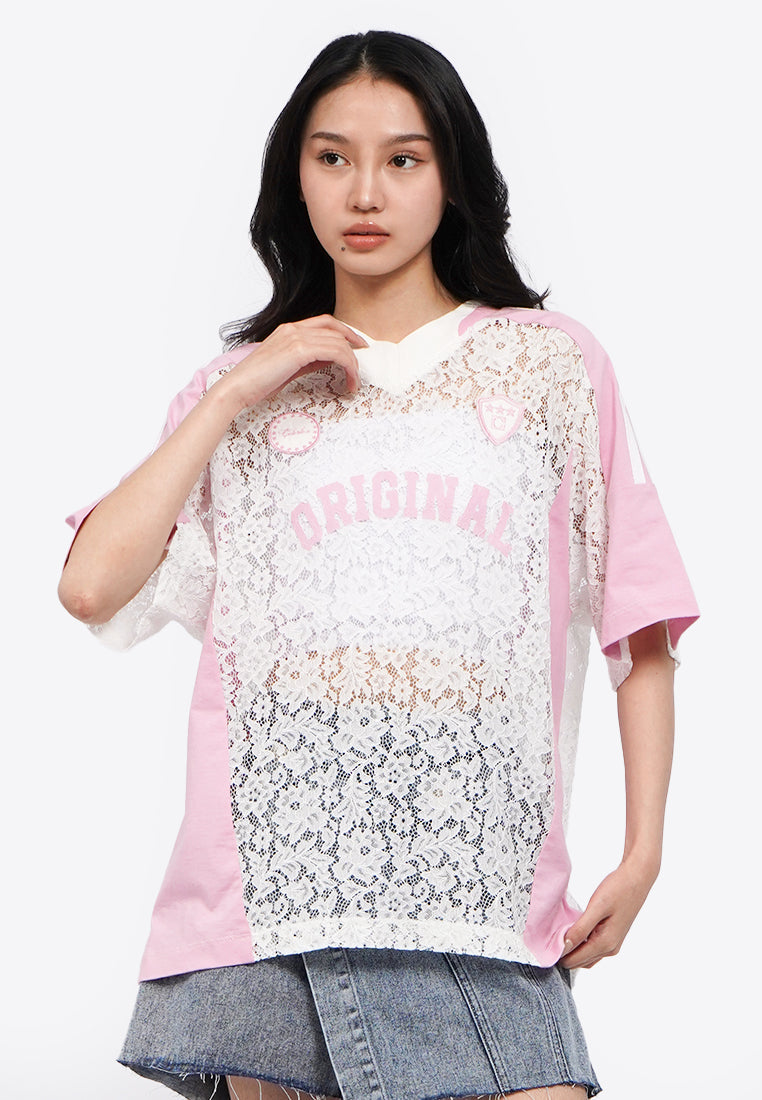 Oversized V-Neck Lace Jersey