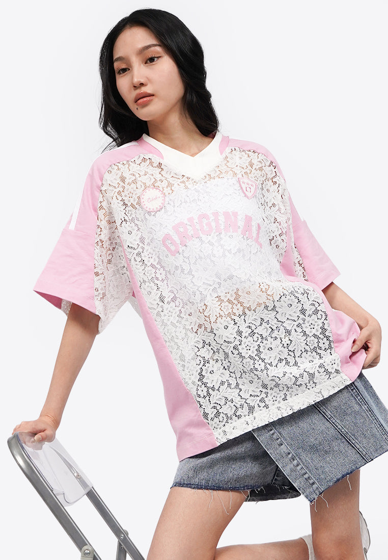 Oversized V-Neck Lace Jersey