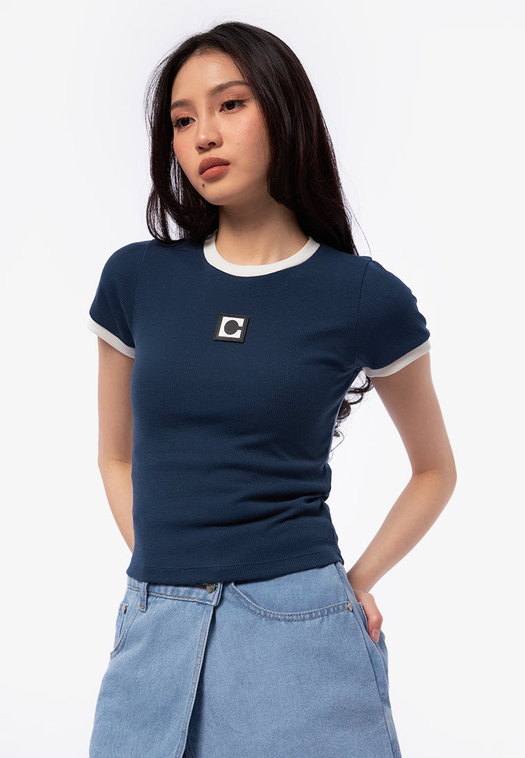 Logo Contrast Rib Crop T-Shirt
