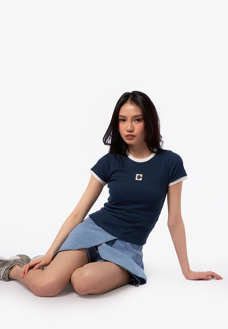 Logo Contrast Rib Crop T-Shirt